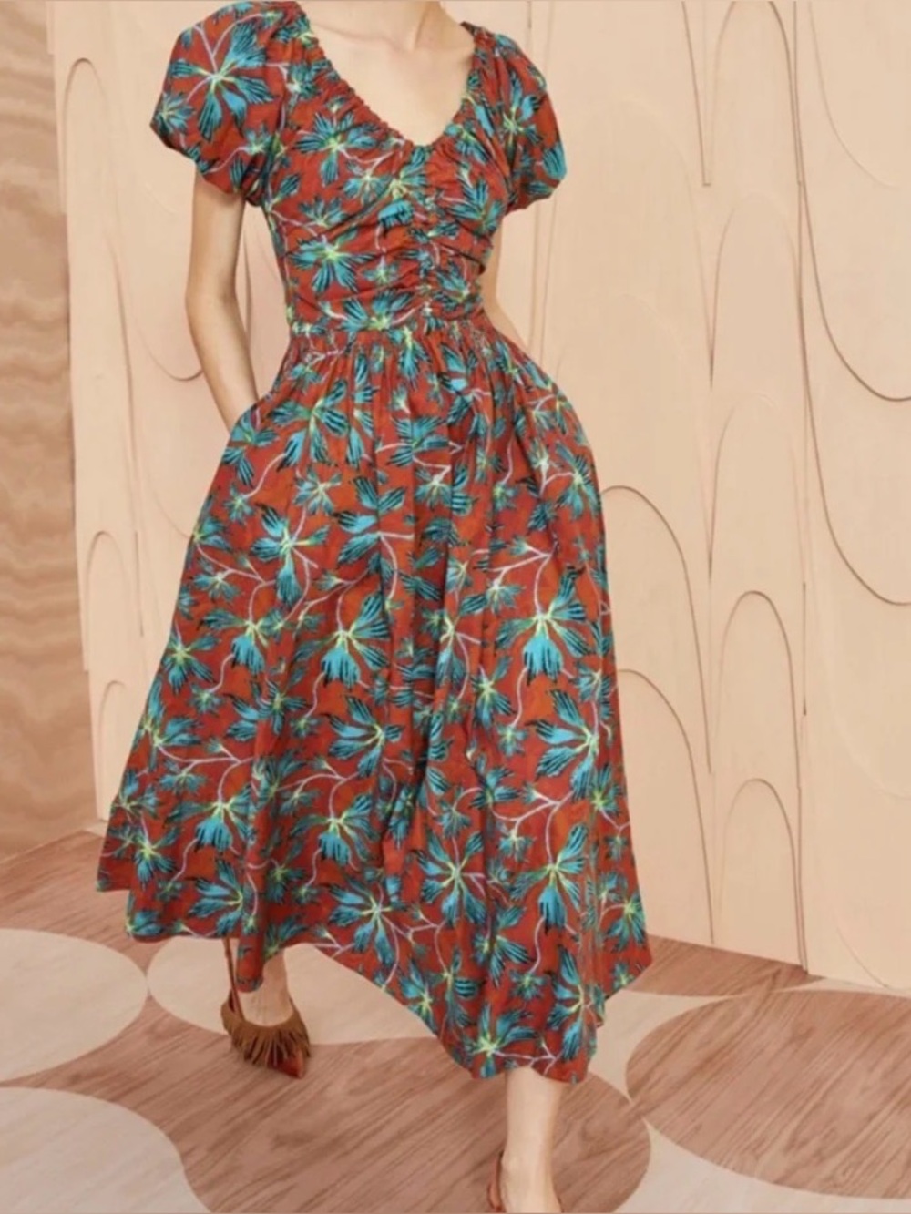 Ulla Johnson Rust Tropical Print Puff Sleeve Midi Dress - Picture 5 of 5
